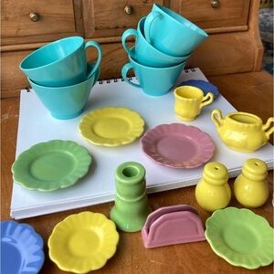 Tea Party Set with mini ceramic dishes and blue plastic tea cups with travel box